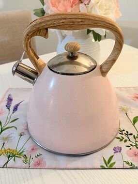 Pink Whistling Tea Kettle with Wood-Grain Handle
